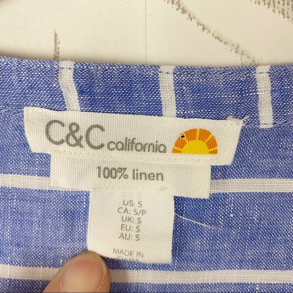 C&C CALIFORNIA 100% Linen Blue Stripe Button-Front Blouse Small Boxy Coastal - Picture 8 of 11